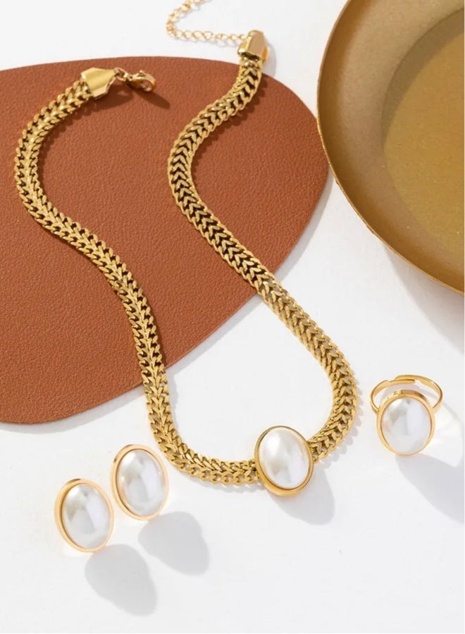 Luxury Stainless Steel Gold Plated Necklace  Earrings  Ring Jewellery Set For Women - Image 1