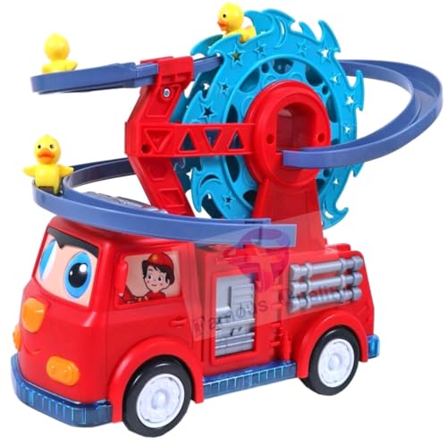 Famous Quality 5 in 1 Fire Engine Slide Toy Set, Automatic Slide Down Duck Toy Race Track Toy Rotating Ferris Wheel Toy Duck Slide Toy Fire Truck Toy with Movable Eyes, Music & Lights - Image 1
