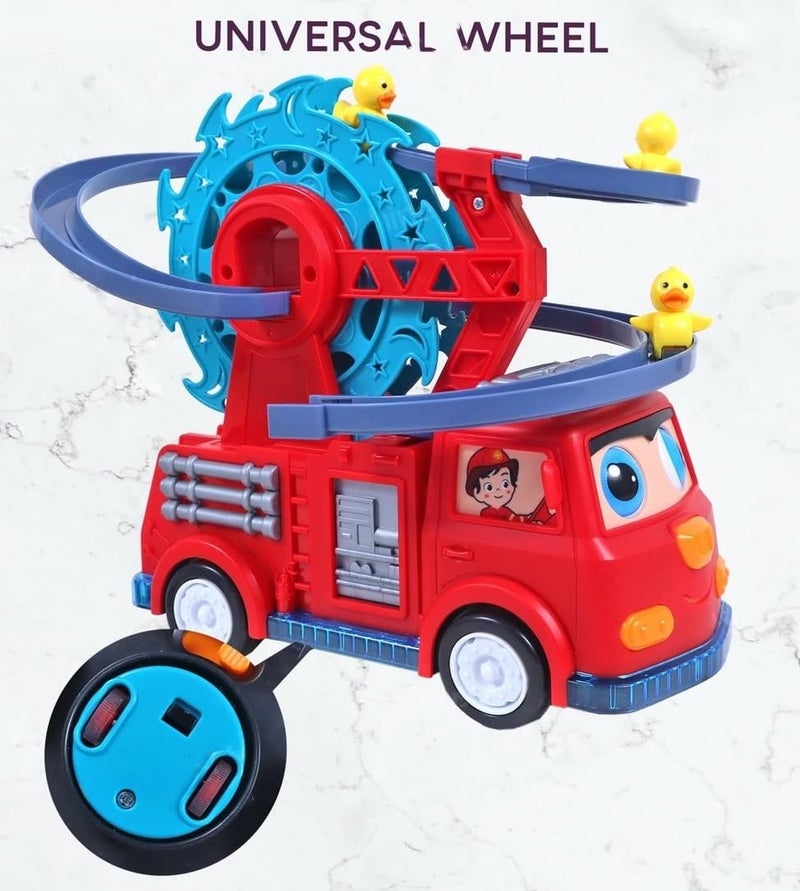 Famous Quality 5 in 1 Fire Engine Slide Toy Set, Automatic Slide Down Duck Toy Race Track Toy Rotating Ferris Wheel Toy Duck Slide Toy Fire Truck Toy with Movable Eyes, Music & Lights - Image 4