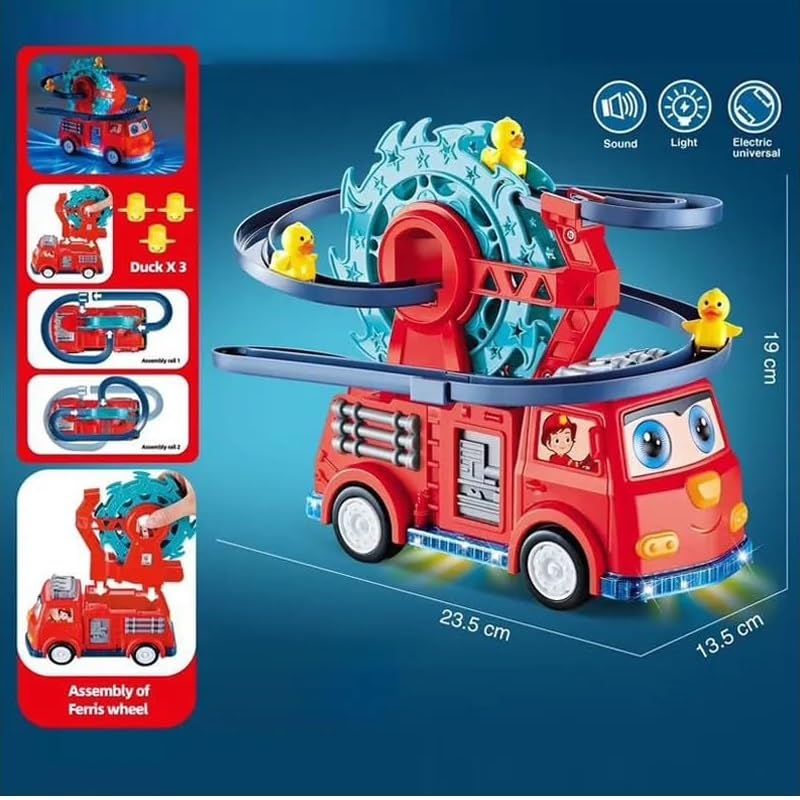 Famous Quality 5 in 1 Fire Engine Slide Toy Set, Automatic Slide Down Duck Toy Race Track Toy Rotating Ferris Wheel Toy Duck Slide Toy Fire Truck Toy with Movable Eyes, Music & Lights - Image 5