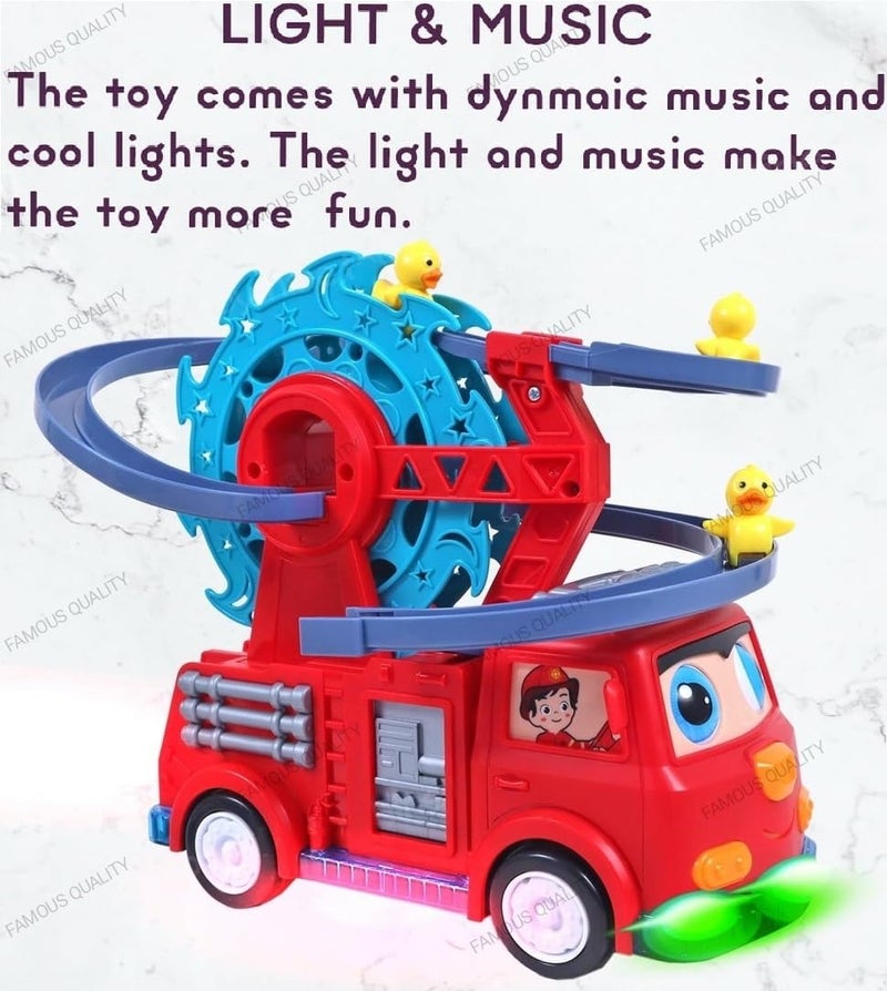 Famous Quality 5 in 1 Fire Engine Slide Toy Set, Automatic Slide Down Duck Toy Race Track Toy Rotating Ferris Wheel Toy Duck Slide Toy Fire Truck Toy with Movable Eyes, Music & Lights - Image 2
