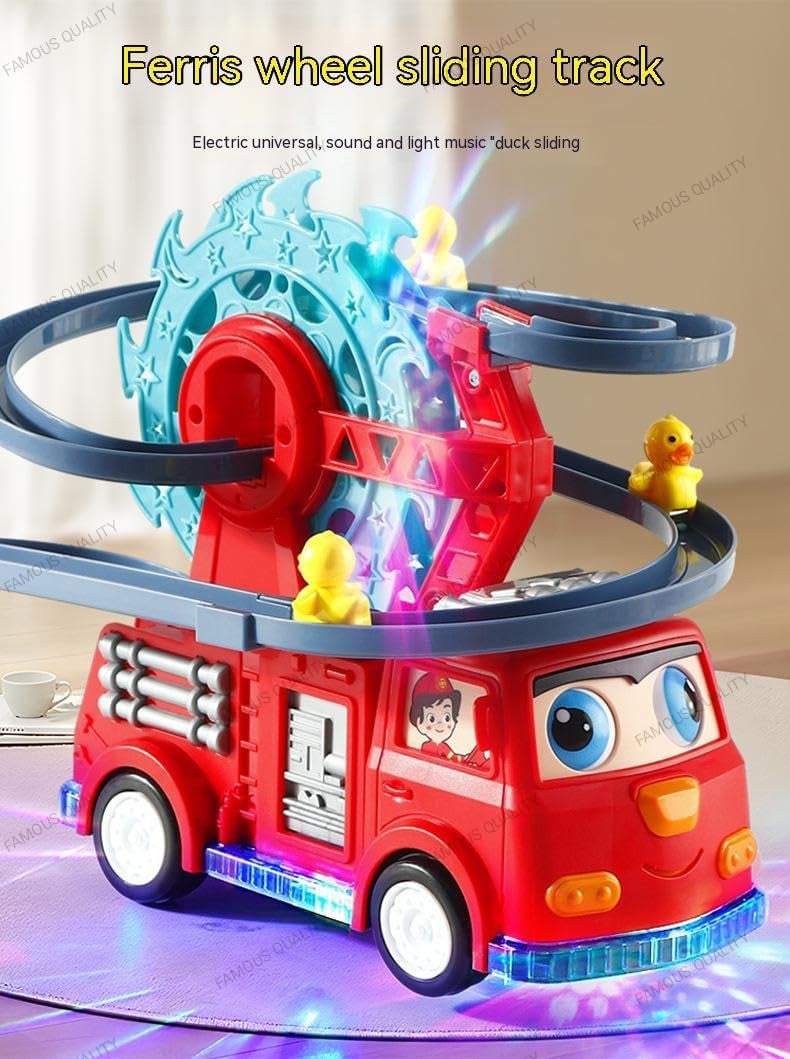 Famous Quality 5 in 1 Fire Engine Slide Toy Set, Automatic Slide Down Duck Toy Race Track Toy Rotating Ferris Wheel Toy Duck Slide Toy Fire Truck Toy with Movable Eyes, Music & Lights - Image 3
