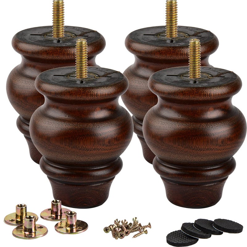 La Vane 35 inch  9cm Wooden Furniture Legs 4PCS Glaze Soild Wood Spindle Replacement Bun Feet with PreDrilled 516 Inch M8 Bolt  Mounting Plate  Screws for Couch Table Sofa Cabinet