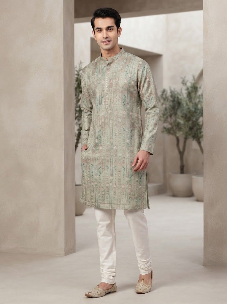 VINY Sage 2-Piece Printed Kurta Churidar Set – Men's Indian Ethnic Wear - Image 1
