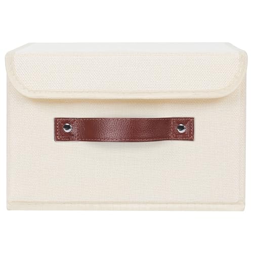 ANMINY Storage Bin with Lid Storage Boxes with PU Leather Handles PP Plastic Board Decorative Foldable Lidded Cotton Linen Fabric Home Cubes Baskets Closet Organizer Container Beige Small Size - Image 3