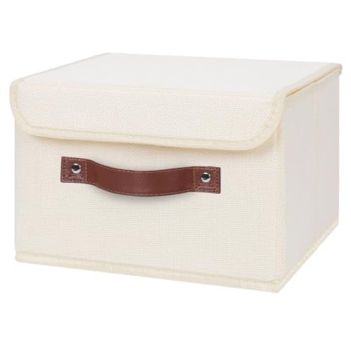 ANMINY Storage Bin with Lid Storage Boxes with PU Leather Handles PP Plastic Board Decorative Foldable Lidded Cotton Linen Fabric Home Cubes Baskets Closet Organizer Container Beige Small Size - Image 1
