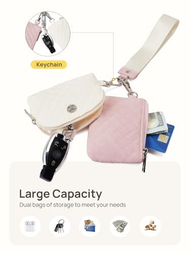 Telena Mini Zip Around Wristlet Wallets for Women Coin Purse Keychain Dual Pouch Wallet Beige Pink - Image 3