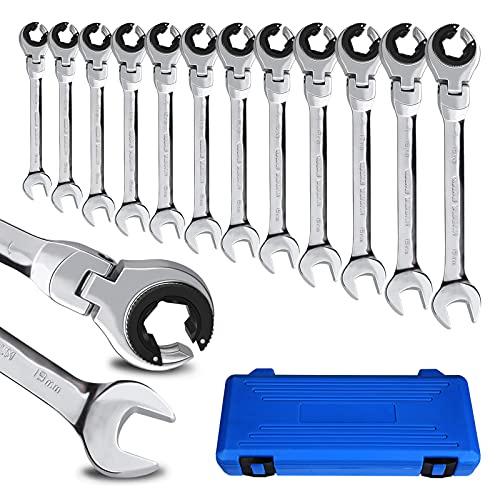 LOSCHEN Metric Open Flex-Head Ratcheting Wrench Combination 12 Pcs/set 8-19mm, Metric Spanner with 72 Teeth, Chrome Vanadium Steel Tubing Ratchet （US and European Patents） - Image 1