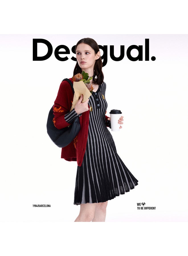 DESIGUAL 25 مجموعة خريف/شتاء الجديدة فستان مضلع ضيق بألوان مزدوجة على شكل حرف V مع تنورة واسعة - Image 3