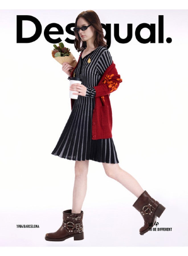 DESIGUAL 25 مجموعة خريف/شتاء الجديدة فستان مضلع ضيق بألوان مزدوجة على شكل حرف V مع تنورة واسعة - Image 1