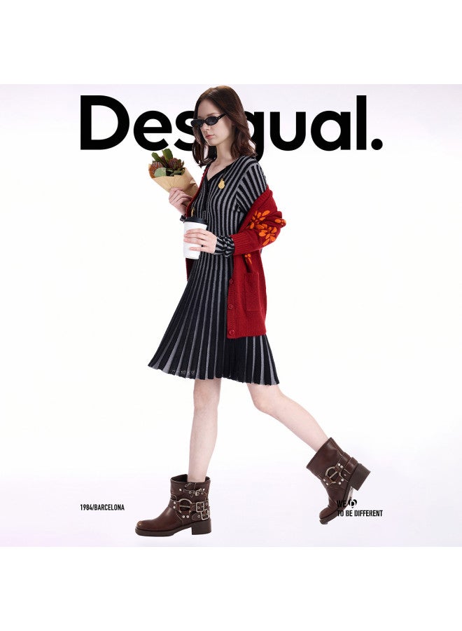 DESIGUAL 25 مجموعة خريف/شتاء الجديدة فستان مضلع ضيق بألوان مزدوجة على شكل حرف V مع تنورة واسعة - Image 2
