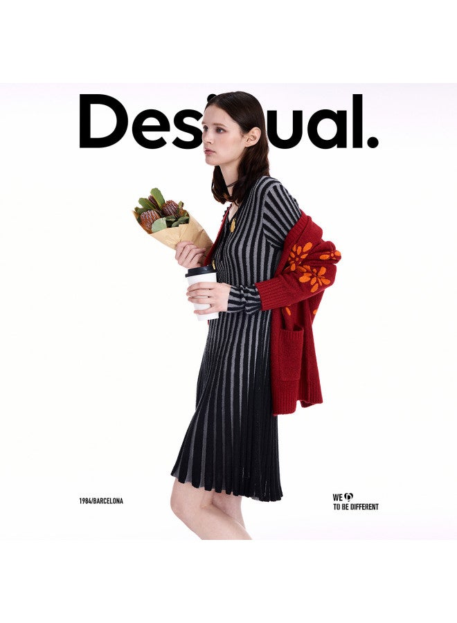 DESIGUAL 25 مجموعة خريف/شتاء الجديدة فستان مضلع ضيق بألوان مزدوجة على شكل حرف V مع تنورة واسعة - Image 5