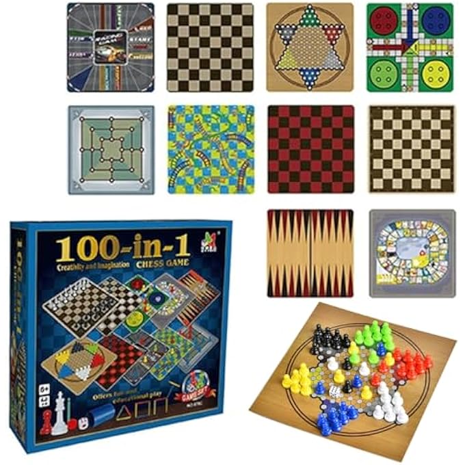 ECVV 100 in 1 Classic Games Compendium of Classic Family Board Games - Includes Chess, Draughts, Ludo Snake and Ladders, Fun & Educational Play - Image 1