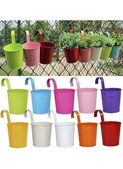 HomarKet 10pcs Iron Hanging Flower Pot Balcony Planter Metal Bucket Holder with Detachable Hook and Drainage Hole for Railing Fence Bucket Pots Hanger Planter for Home Decor  - Image 1