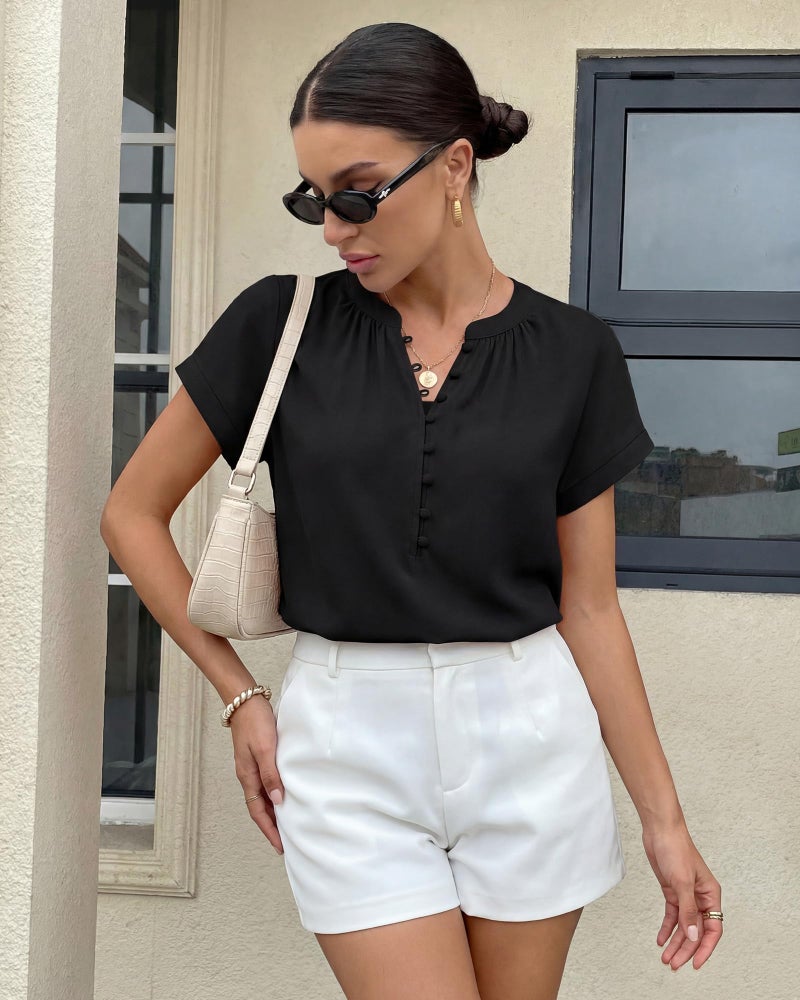 Timeson Blouses for Women Business Casual: Dressy Office Work Attire Button Down - Short Sleeve Tops for Women - Womens Dress Shirts Summer Outfits Ladies Wrinkle Free Professional Clothes Black M - Image 4