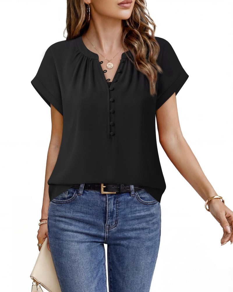 Timeson Blouses for Women Business Casual: Dressy Office Work Attire Button Down - Short Sleeve Tops for Women - Womens Dress Shirts Summer Outfits Ladies Wrinkle Free Professional Clothes Black M - Image 1