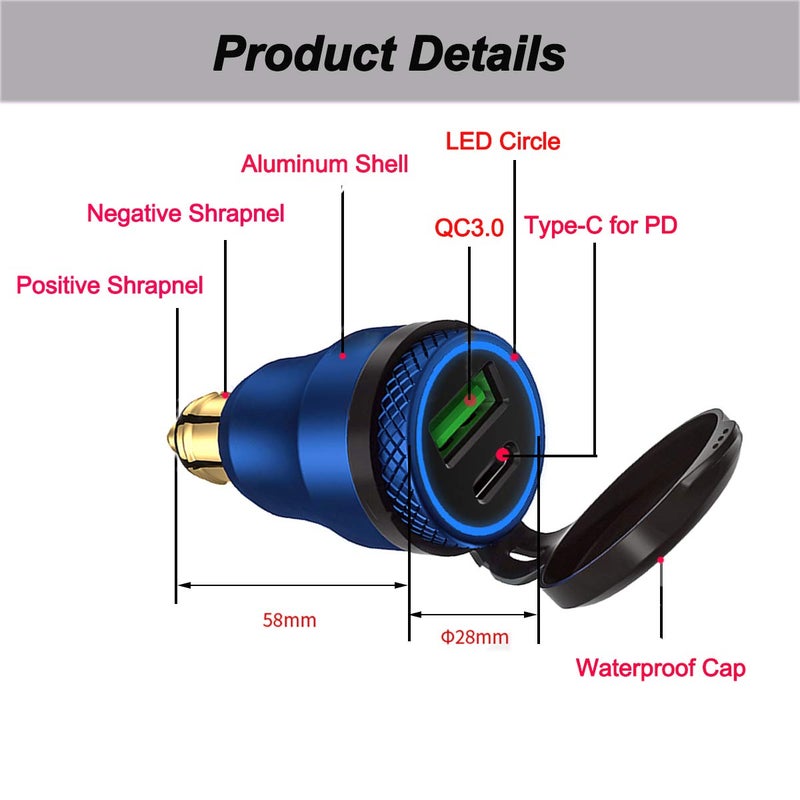 iMESTOU Aluminum 30W Power Delivery DIN Power Plug Charger to USB C and Quick Charge USB 3.0 Motorcycle DIN Adapter Waterproof Fits for Hella 12V-24V DIN Socket/BMW Ducati Triumph - Image 3