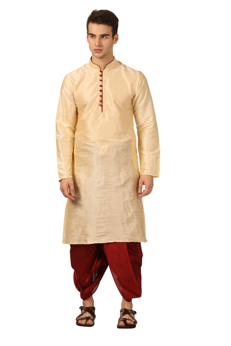 Royal Kurta Men's Regular Fit Comfortable Silk Blend Dhoti Kurta Set (40, Gold) - Image 1