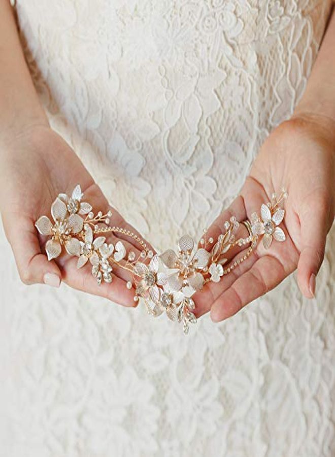 SWEETV Gold Bridal Headpieces For Bride Flower Wedding Headband Hair Vine Crystal Hair Pieces For Women - Image 5
