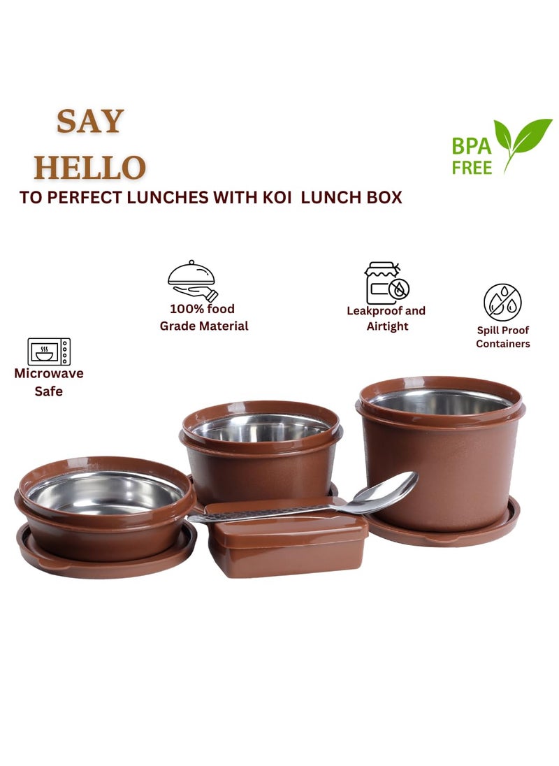 KOI - KOI TiffinPro Lunch Box Set with Insulated Bag, 3 Microwave Safe Inner Steel Containers (290ml, 450ml, 600ml), Plastic Pickle Box(180), Spoon | Ideal for School, College, Office| Color-Memphis Brown - Image 1