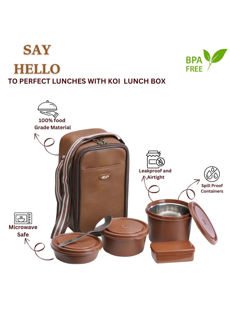 KOI - KOI TiffinPro Lunch Box Set with Insulated Bag, 3 Microwave Safe Inner Steel Containers (290ml, 450ml, 600ml), Plastic Pickle Box(180), Spoon | Ideal for School, College, Office| Color-Memphis Brown - Image 1
