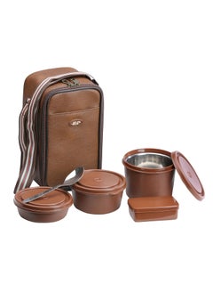 KOI TiffinPro Lunch Box Set with Insulated Bag, 3 Microwave Safe Inner Steel Containers (290ml, 450ml, 600ml), Plastic Pickle Box(180), Spoon | Ideal for School, College, Office| Color-Memphis Brown