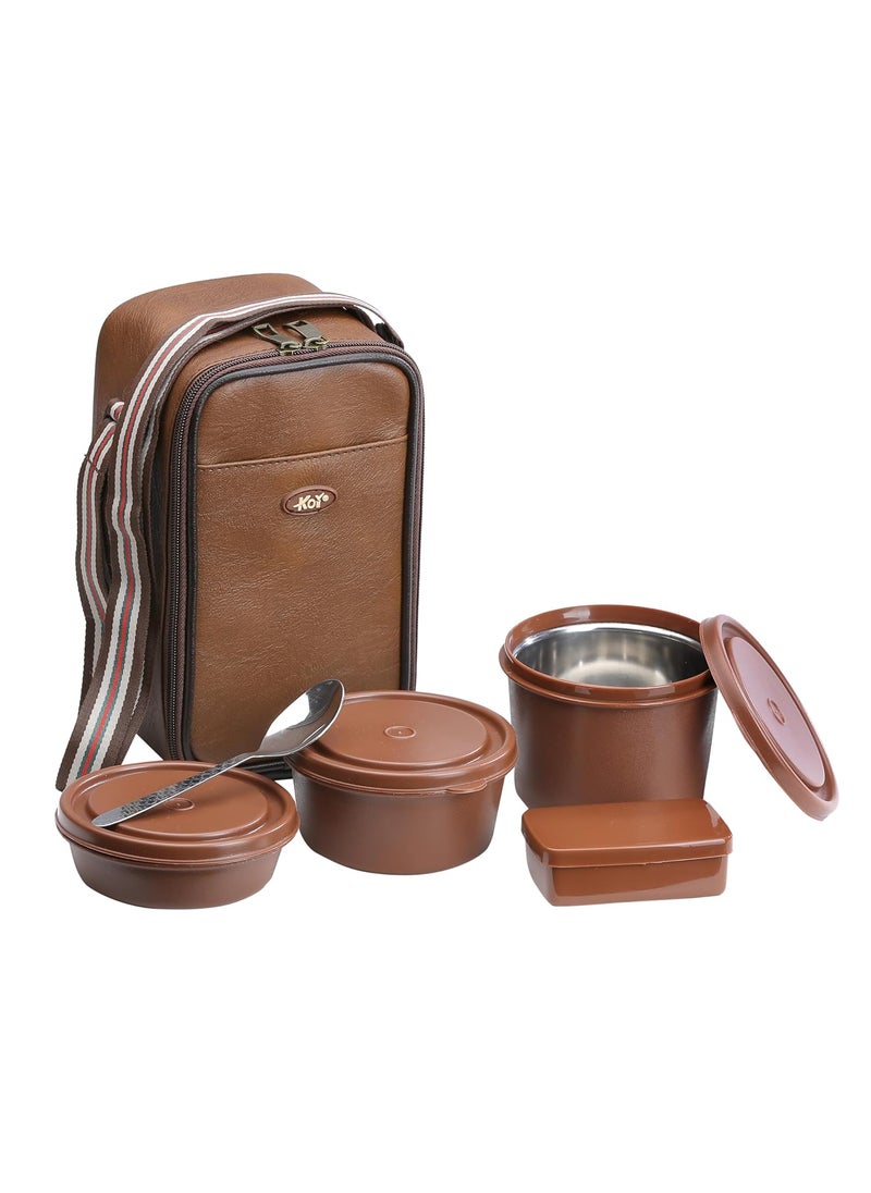 KOI - KOI TiffinPro Lunch Box Set with Insulated Bag, 3 Microwave Safe Inner Steel Containers (290ml, 450ml, 600ml), Plastic Pickle Box(180), Spoon | Ideal for School, College, Office| Color-Memphis Brown - Image 1