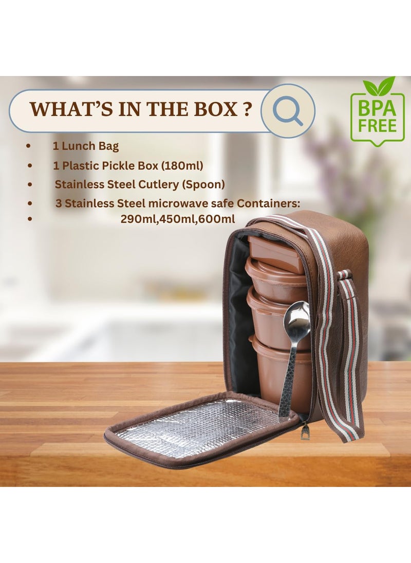 KOI - KOI TiffinPro Lunch Box Set with Insulated Bag, 3 Microwave Safe Inner Steel Containers (290ml, 450ml, 600ml), Plastic Pickle Box(180), Spoon | Ideal for School, College, Office| Color-Memphis Brown - Image 1