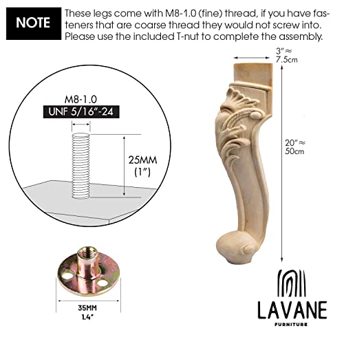 La Vane 20 inch / 50cm Wooden Furniture Legs, Set of 4 European Style Solid Wood Carving Furniture Replacement Feet Decoration for Sofa Cabinet Wardrobe Table Loveseat - Image 4