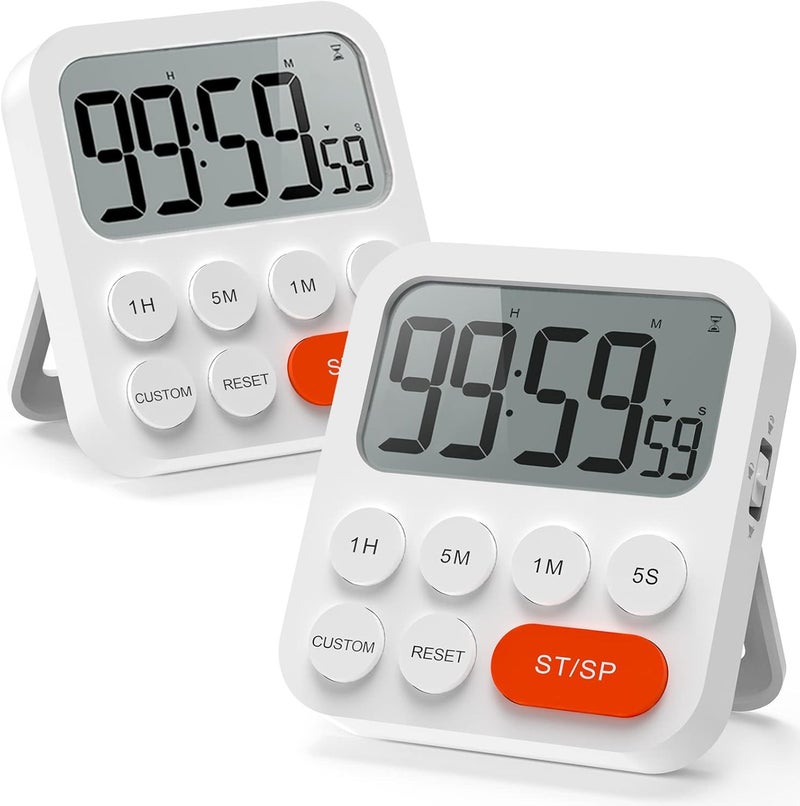 LIORQUE Digital Kitchen Timer Magnetic Stopwatch Egg Timer with Clock, Magnet, 3-Level Volume, LCD Display for Cooking, Sports and Studying (Pack of 2, Batteries Included) - Image 1