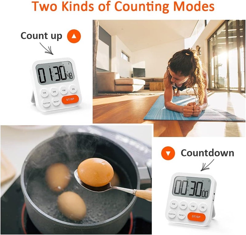 LIORQUE Digital Kitchen Timer Magnetic Stopwatch Egg Timer with Clock, Magnet, 3-Level Volume, LCD Display for Cooking, Sports and Studying (Pack of 2, Batteries Included) - Image 4