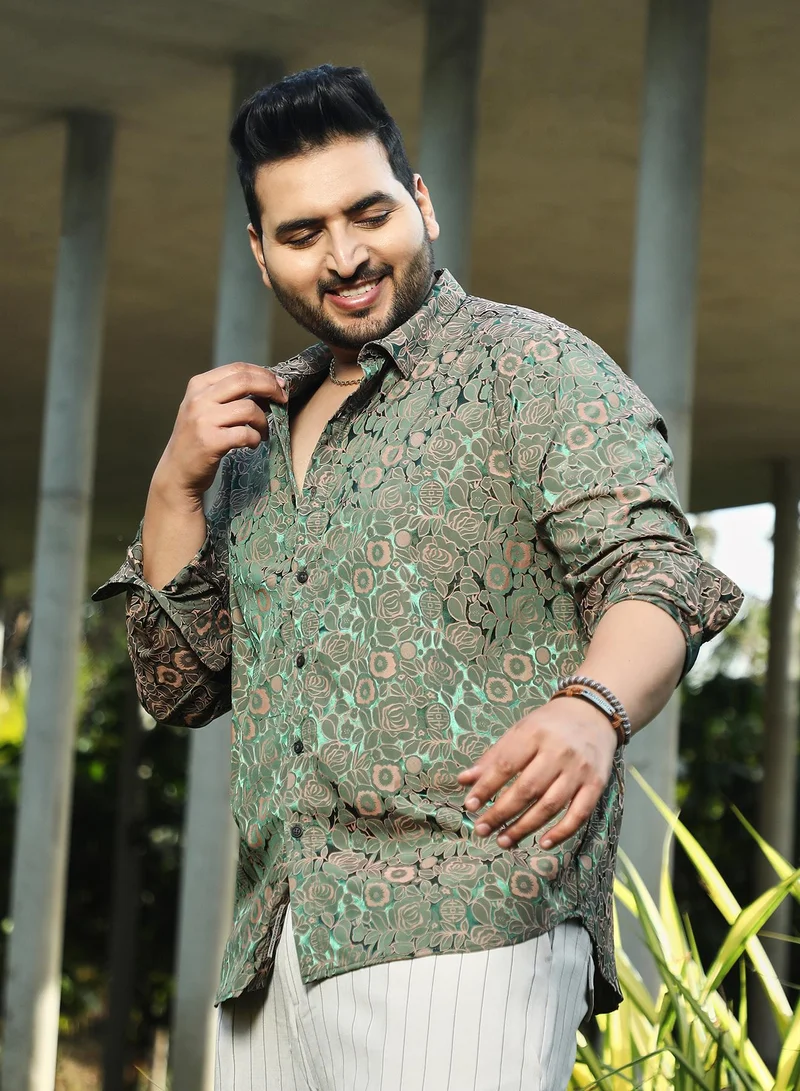Instafab Plus Instafab Plus Men's Forest Green Electric-Roses Shirt For Casual Wear | Spread Collar | Long Cuffed Sleeves | Button Closure | Plus Size Shirt Crafted With Comfort Fit For Everyday Wear