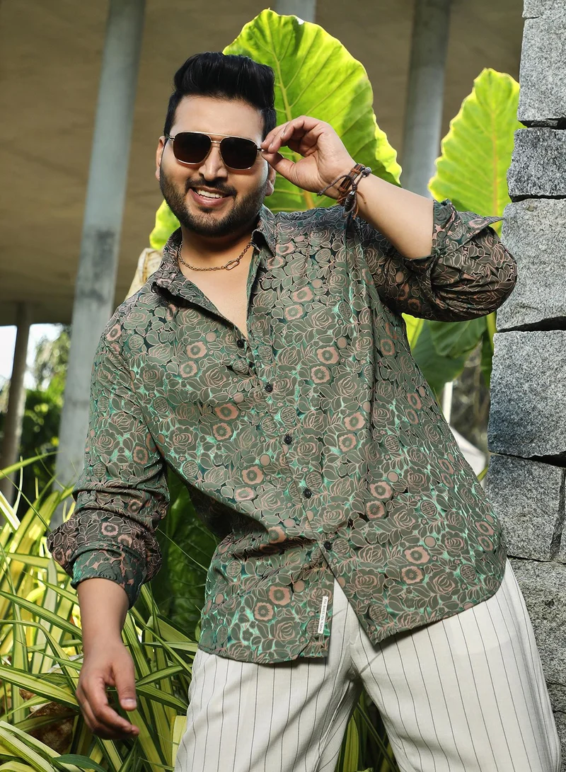 Instafab Plus Instafab Plus Men's Forest Green Electric-Roses Shirt For Casual Wear | Spread Collar | Long Cuffed Sleeves | Button Closure | Plus Size Shirt Crafted With Comfort Fit For Everyday Wear
