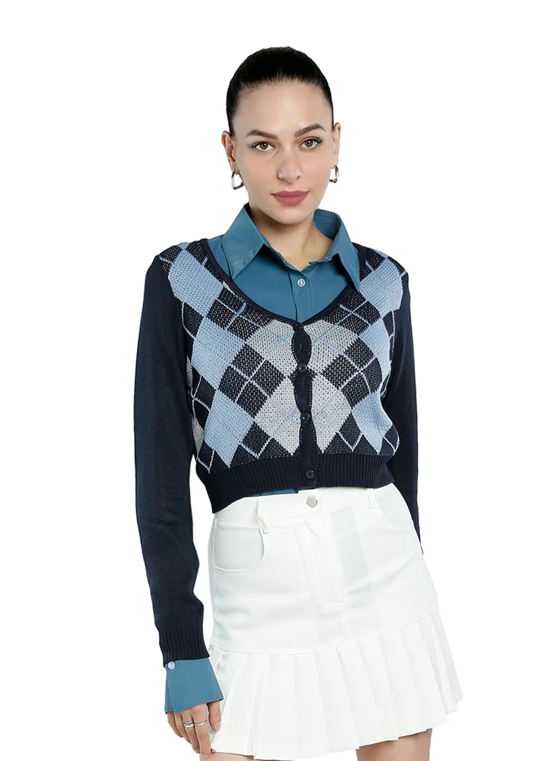 London Rag Navy Full Sleeve Argyle Checks Cardigan
