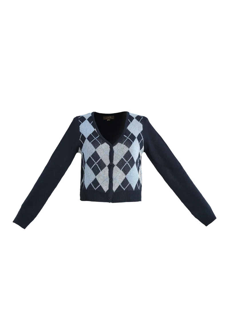 London Rag Navy Full Sleeve Argyle Checks Cardigan