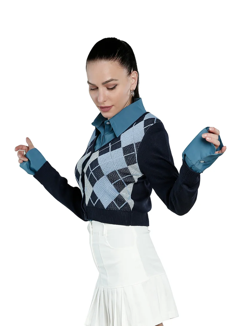London Rag Navy Full Sleeve Argyle Checks Cardigan