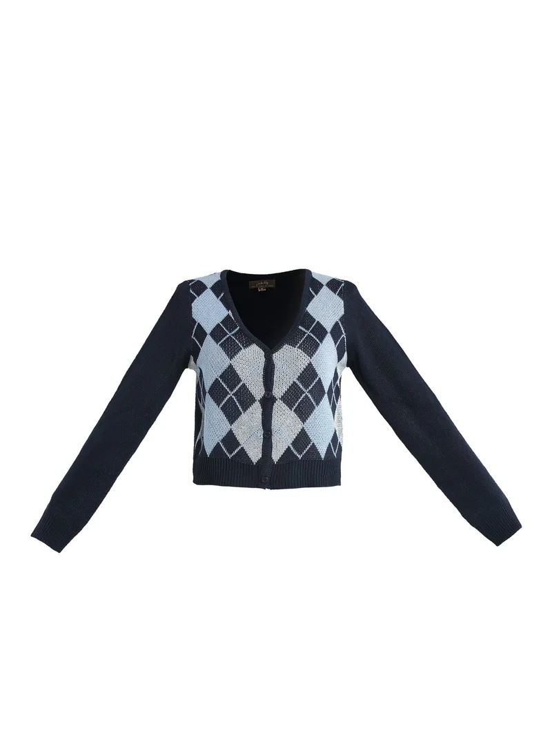 لندن راج كارديجان كاروهات أرجيل بأكمام طويلة باللون الأزرق البحري