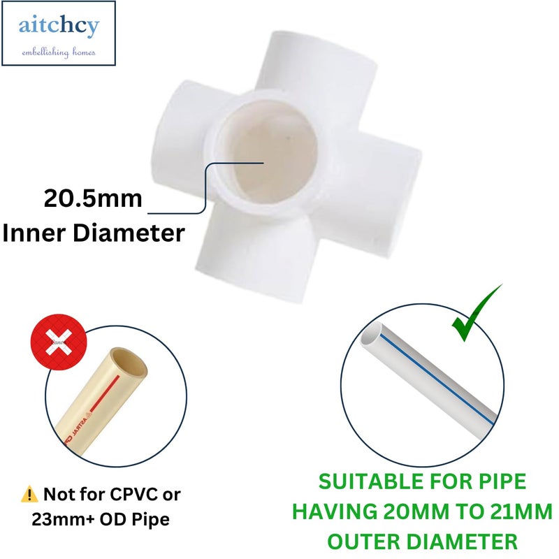 aitchcy 5 Way PVC Elbow 20mm | 5Way elbow for PVC pipe having Outer Diameter of 20mm or 21mm | PVC Pipe Joint | Five way Connector for Furnitures & Structures | 5 side Connectors (20 mm 4pc Pack) - Image 2
