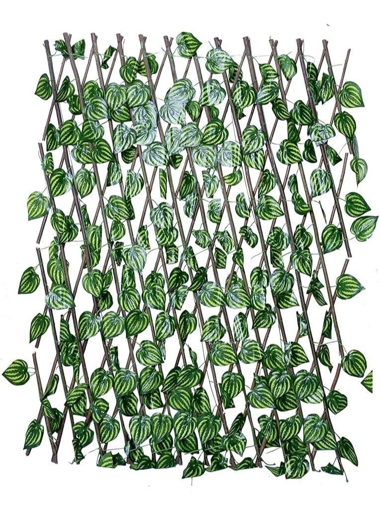 BLOOMING TIME Expandable Wooden Fence With Artificial Faux Plant Leaves Green/Brown  - Image 1