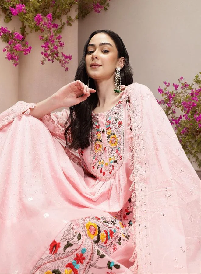 آي شين Women's Pink 100% Cotton Printed Tunic Top With Ankle Palazzo Flared 3 Peice Kurta Set