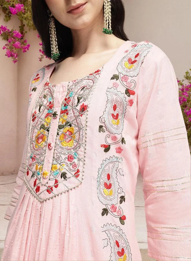 آي شين Women's Pink 100% Cotton Printed Tunic Top With Ankle Palazzo Flared 3 Peice Kurta Set