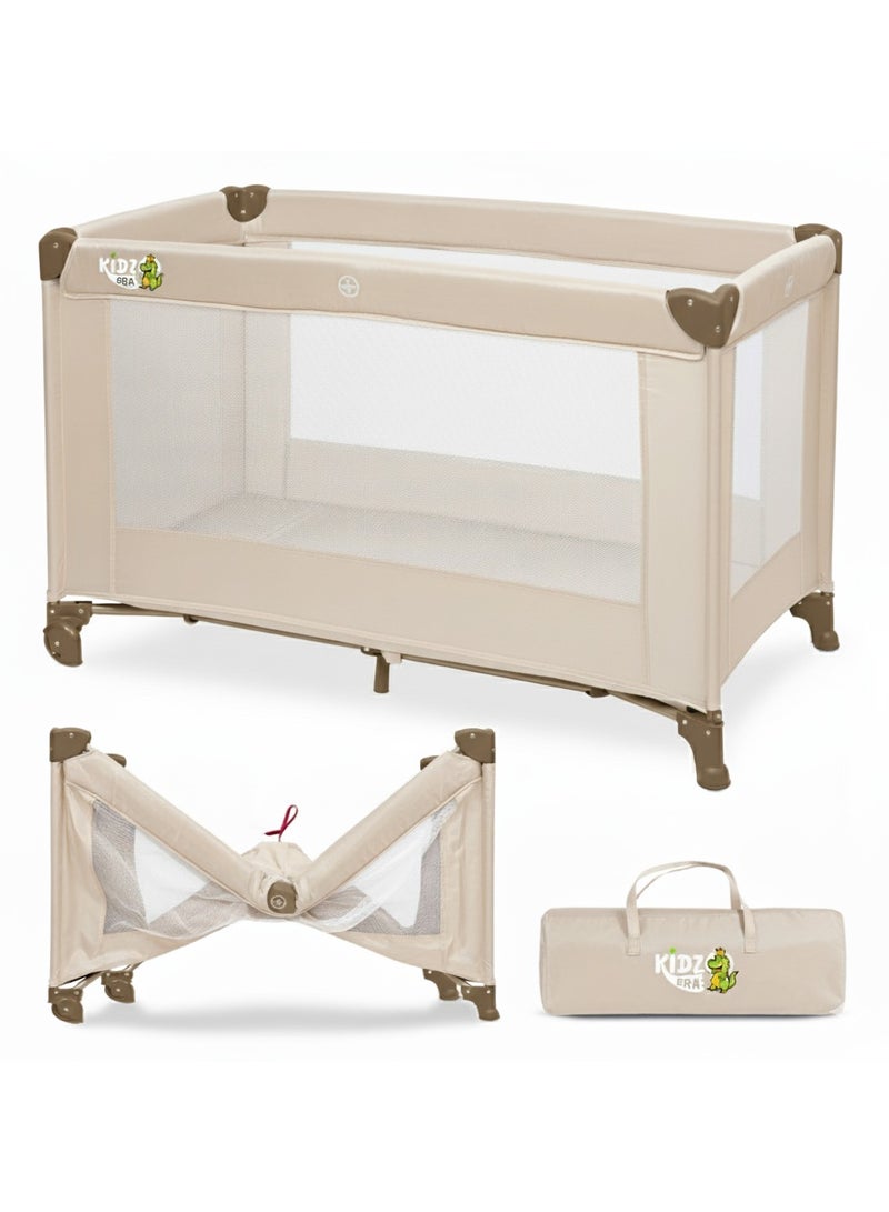kidz Era Portable playpen and bassinet with front wheels for easy movement, mattress and carrying bag - easy to fold, full mesh ventilation, travel safe - Image 1