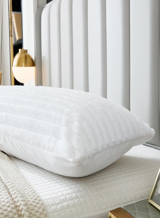 Uhamho Bed Pillowcase King Set of 2 Striped Faux Rabbit Fur and Velvet Back Rectangle Lumbar Pillow Covers Shams Modern Home Decorative (White, 20 x 36 Inch) - Image 3