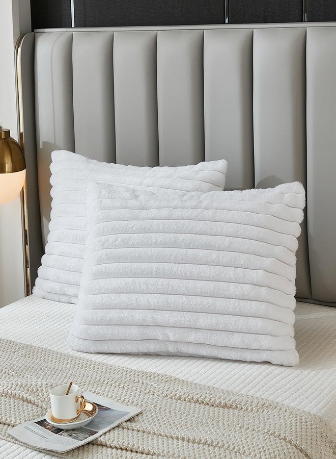 Uhamho Bed Pillowcase King Set of 2 Striped Faux Rabbit Fur and Velvet Back Rectangle Lumbar Pillow Covers Shams Modern Home Decorative (White, 20 x 36 Inch) - Image 2