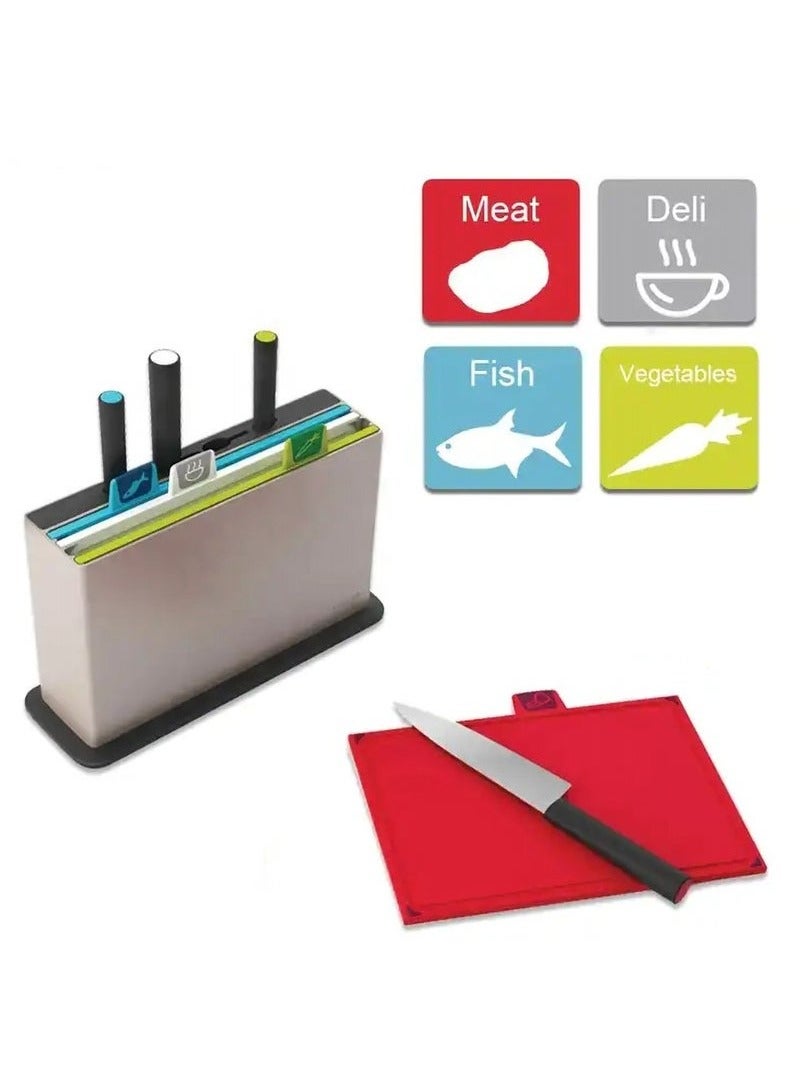 XiuWoo Kitchen Cutting Board Set, Cutting Board and Knife Set with 4 Color Coded Chopping Boards and 4 Knives, Professional Index Chopping Board Set for Kitchen  - Image 2
