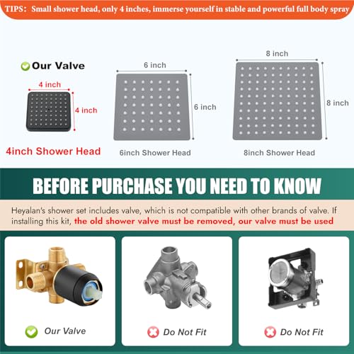 Heyalan Shower Faucet Set with Tub Spout Bathtub and Shower Trim Kit with Valve Single Handle Bathroom Shower Faucet Set 4 Inch Square Rainfall Shower Head Matte Black - Image 3