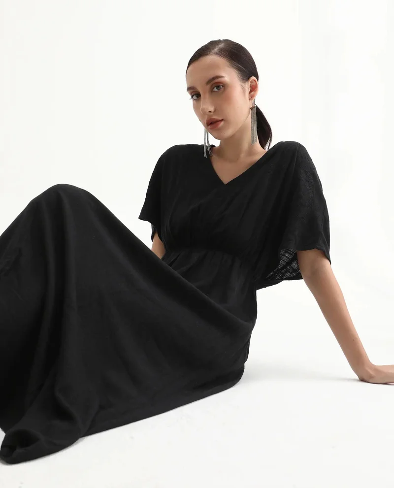 ريريزم Rareism Women Flynn Light Black Cotton Linen Fabric Solid Relaxed Fit Ankle Length Dress