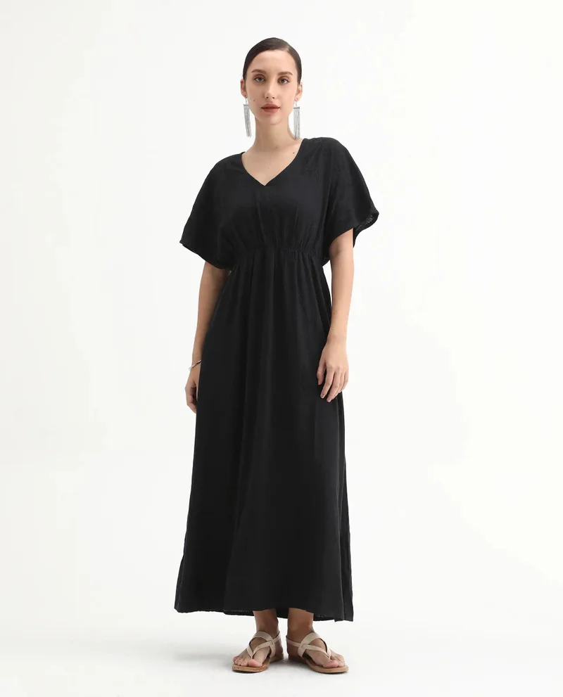 ريريزم Rareism Women Flynn Light Black Cotton Linen Fabric Solid Relaxed Fit Ankle Length Dress