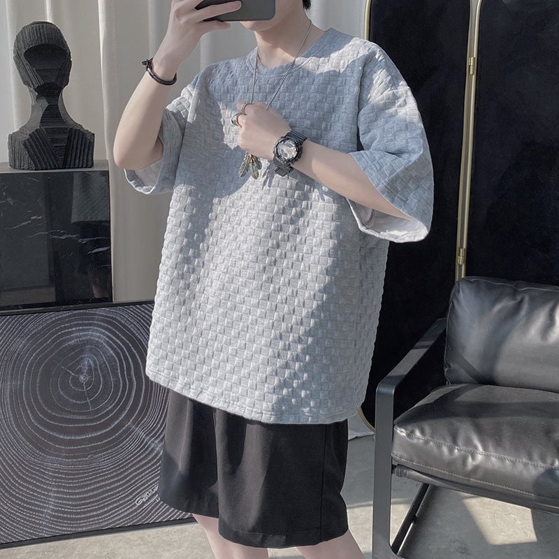 Men's Light Gray Checkered Texture Short Sleeve T-Shirt, Polyester Crew Neck Loose Fit Top - Image 1