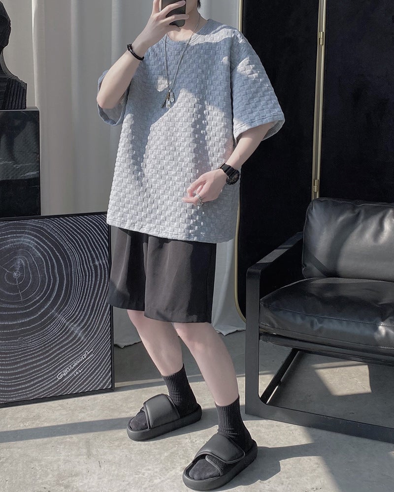 Men's Light Gray Checkered Texture Short Sleeve T-Shirt, Polyester Crew Neck Loose Fit Top - Image 2